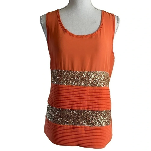 Freeway Tops - Freeway Blouse Medium Orange Gold Sequin Striped Sheer Tank Top Pleated Pullover